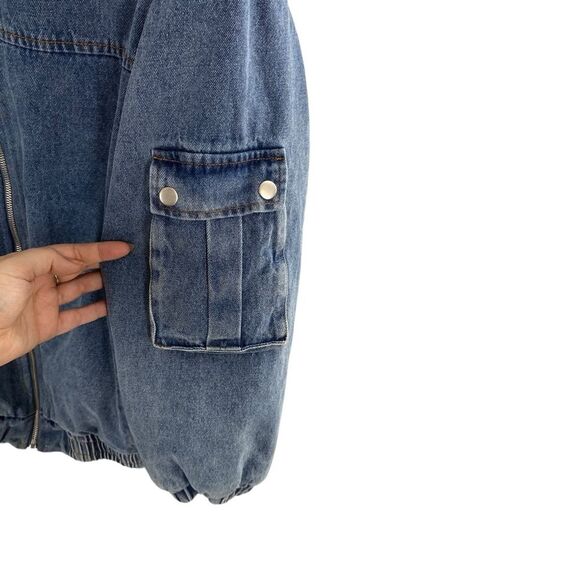Blue Blush Women’s M Oversized Denim Bomber Jacket Blue Insulated Chore Barn - Picture 10 of 16
